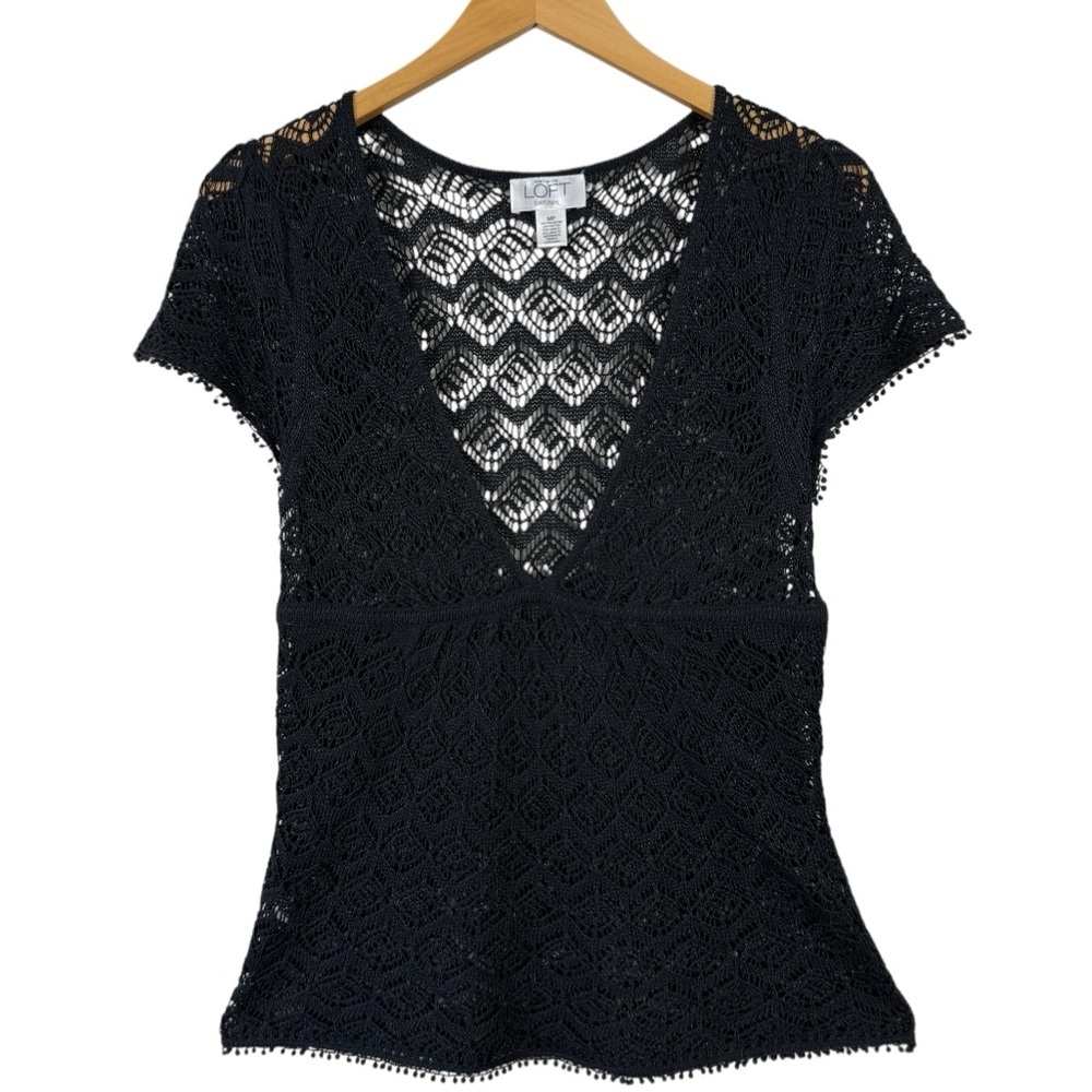 LOFT Black Crochet Knit V-Neck Top Boho Chic Semi-Sheer Festival Blouse M MP